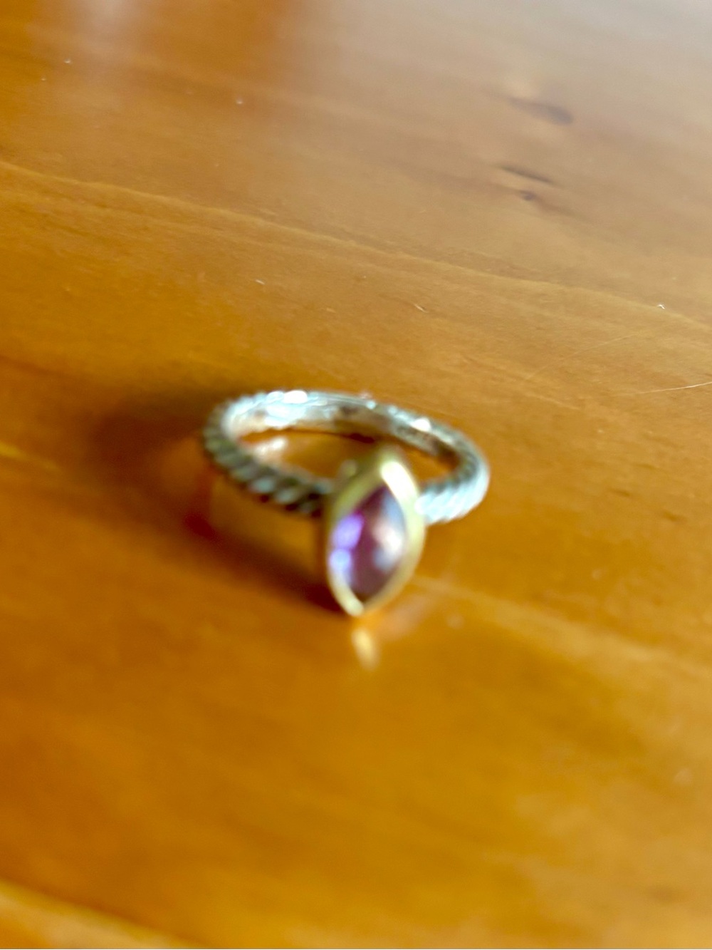 AuthenticDavid Yurman Silver Rope Ring with Purple Marquise Stone and Gold Bezel